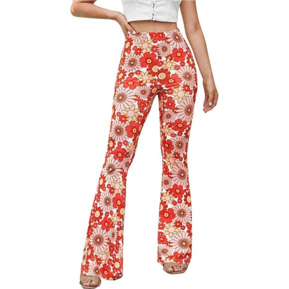 Women's Bootcut High Waisted Yoga Pants Sunflower Print Wide Leg Pants Trousers